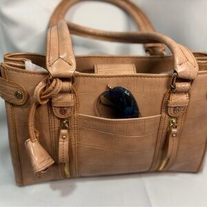 Liz Claiborne Croc-Embossed Satchel in Light Tan with Gold Hardware